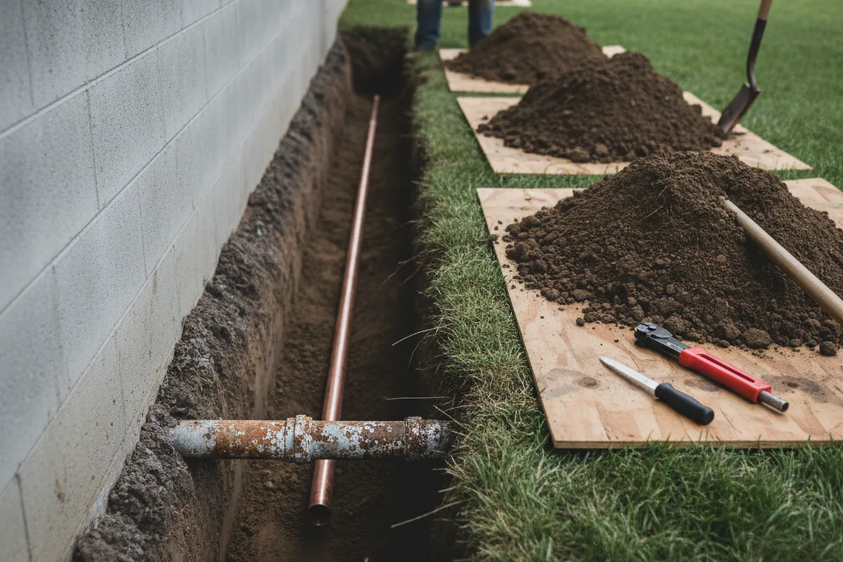 Excavated water line trench during Water Softener Installation in Varney